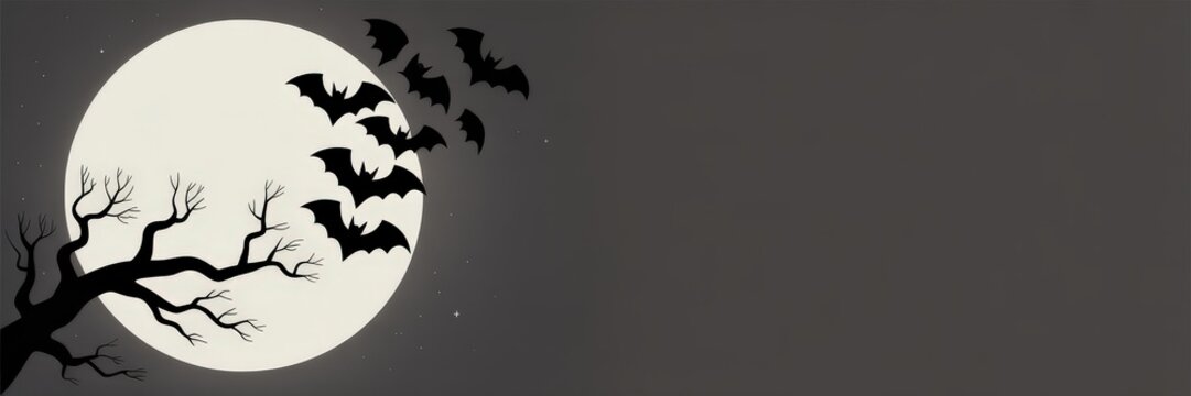 Minimalist Vector Silhouette &mdash; Flying Bats & Gnarled Bare Tree Full Moon | Halloween Promotional Banner, Social Media Header & Website Hero Image (Horizontal, Copy Space, Dark Gray Night)
