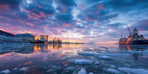 Serene Sunset over the Alaskan Coastline: A Tranquil Landscape of Water and City Reflections