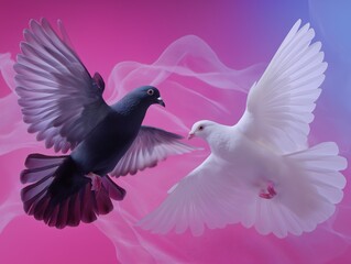 Obraz premium Elegant dove pair in flight against vibrant pink backdrop, symbolizing peace, hope, and new beginnings, a visually stunning composition
