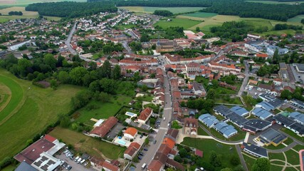 Panoramic aerial of the old town of the city  La Porte du Der in France on a sunny noon in summer