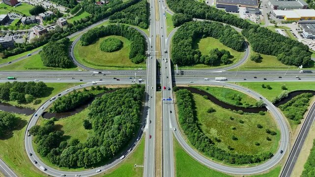 Aerial video from cloverleaf junction Drachten in Friesland the Netherlands