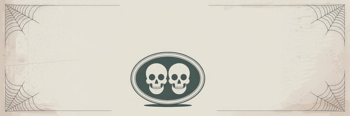 Fototapeta premium Halloween Banner & Flyer Template — Vintage Sepia Grunge Header Centered Dark Teal Oval Twin-Skull Emblem, Cobweb Corner Line Art & Cream Beige Background, Panoramic Copy Space — Retro Gothic (memento
