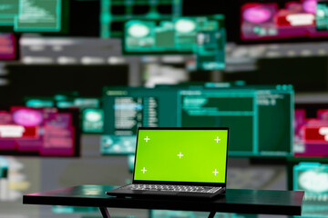 Empty scene with green screen on laptop showcases quantum threat on the dark web, space for a cyber...