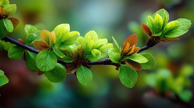 Close up of budding branch with fresh green leaves and water droplets in early spring