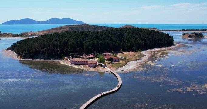 Aerial view of Albania Vlore Zv&euml;rnec island, St. Mary's Monastery.