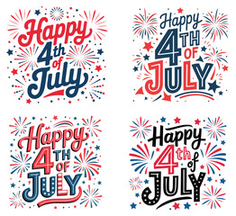 Naklejka premium Happy 4th of July Typography Set - Independence Day Fireworks Celebration Vector Design Collection