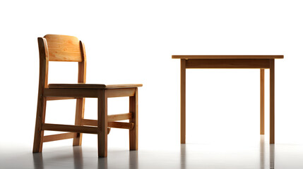 Simple Wooden Chair and Table Set Against a Bright White Background Studio Shot of Minimalist Furniture Light Wood Texture Clean Lines Basic Design