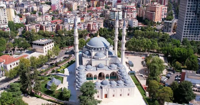 Aerial View of Tirana, Albania. Tirana's city center, highlighting Skanderbeg Plaza, Et'hem Bey Mosque, Skanderbeg monument square, Opera ballet Theatre and Giant Concrete Head Building