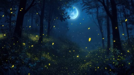 Night forest with fireflies