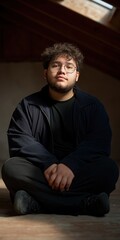 Obraz premium Young hispanic male with glasses sitting in sunlit room wearing black jacket
