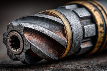 Close up industrial metal tool with rusted surface and textured golden band on dark background