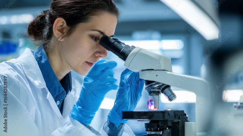 Aufkleber female cytotechnologist adjusting microscope focus in a modern lab environment scrutinizing cell str
