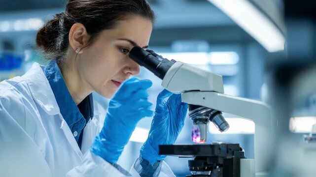Female cytotechnologist adjusting microscope focus in a modern lab environment scrutinizing cell structures to flag potential cancerous changes on prepared slides.