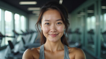 A healthy Hispanic woman smiles during a summer workout, her beautiful face a picture of lifestyle and wellness, close up smiling woman with natural make up, detailed facial features, perfect skin