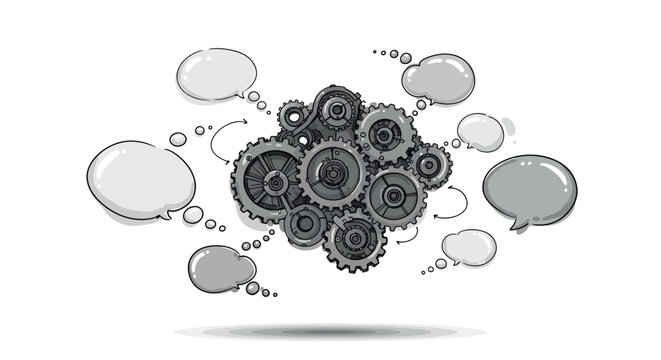 Monochrome gear cloud with speech bubbles: conceptual thinking and innovation