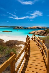 Fototapeta premium Wooden boardwalk leading to a pristine white sand beach and turquoise ocean