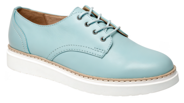Light blue leather oxford shoe with white platform sole isolated on transparent background