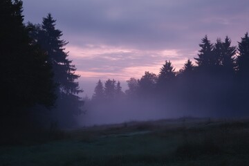 Soft fog rising from quiet forest clearing at dawn.