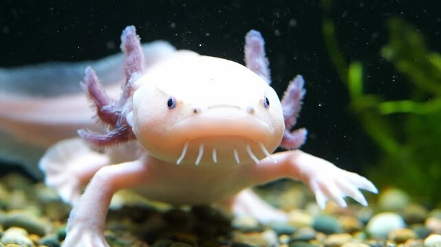 An axolotl with feathery gills stands out against a pebblecovered base its pale pink body positioned towards the viewer