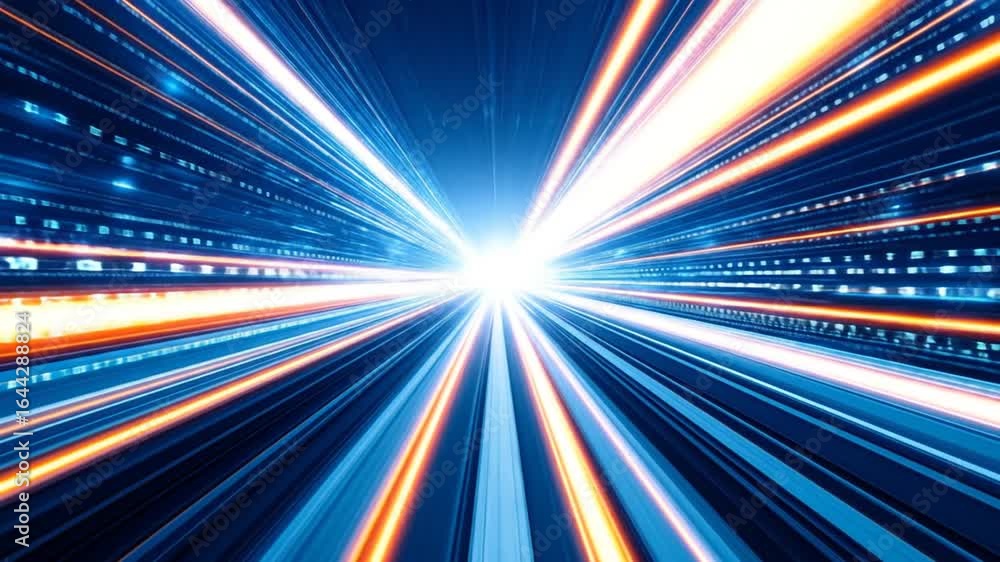 Poster abstract blue and orange light streaks creating a sense of high speed motion through a digital tunne
