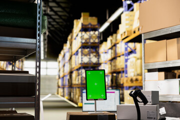 Empty supply room with isolated copy space screen on tablet, ideal for logistics or tracking...