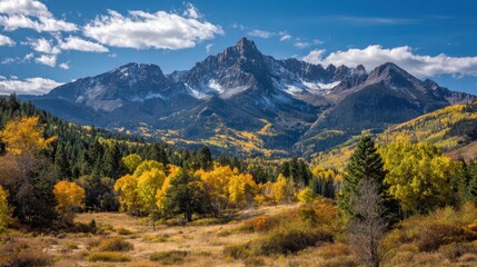 Naklejka premium Autumn Serenity: Majestic Mount Sneffels in Ridgway, Colorado Surrounded by Vibrant Fall Foliage and Clear Blue Skies
