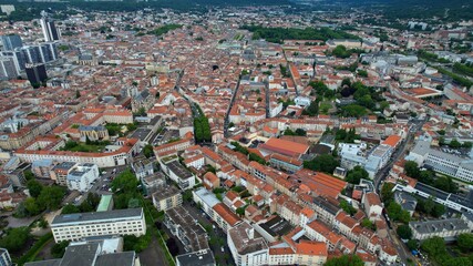 Panoramic aerial of the old town of the city Nancy in France on a sunny noon in summer