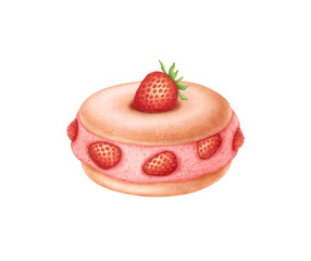 Strawberry cheesecake stuffed donut Retro dessert Red pink vintage baking Watercolor illustration