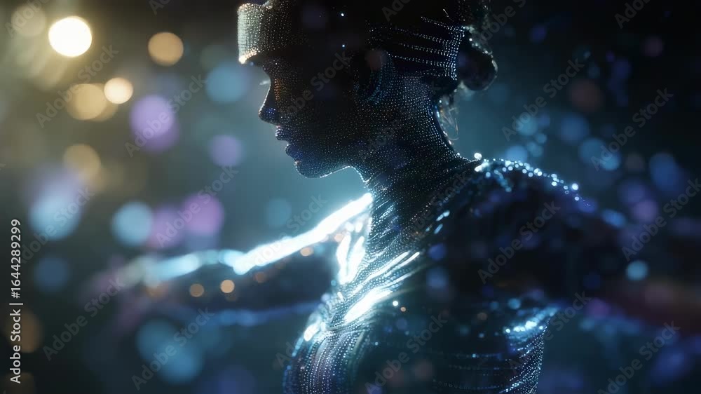 Poster medium shot capturing a motioncapture performer in sharp detail surrounded by streaming avatar visua