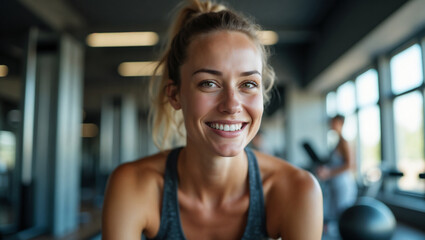 Fototapeta premium Smiling brunette woman exercising in a gym, a portrait of a person with a healthy fitness lifestyle, woman, young adult, happy expression, smiling, looking at camera, indoor setting, fitness studio