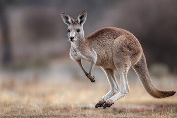 Fototapeta premium Graceful Eastern Grey Kangaroo in Mid-Jump. A Symbol of Australian Wildlife and Nature
