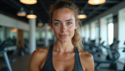 Fototapeta premium Smiling young brunette woman training at a gym club, A fit young woman with blonde hair, wearing a black sports bra, standing in a gym and looking directly at the camera with a confident expression