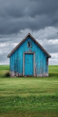 Obraz premium Rustic Blue Shed Nestled in Lush Green Countryside Under a Bright Sky