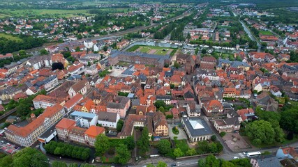 Panoramic aerial of the old town of the city Saverne in France on a sunny noon in summer