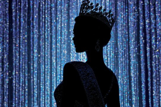 Elegant Silhouette of Beauty Contestant in Sequined Gown with Sparkling Crown and Sash Against Abstract Background