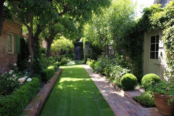 Fototapeta premium Charming Front Yard Garden with Lush Turf and Vibrant Green Lawn Surrounded by Cozy Walls and Graceful Trees