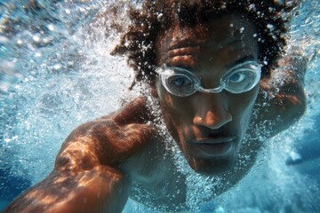 Dynamic Swim: African American Man in Blue Waters Perfecting His Stroke