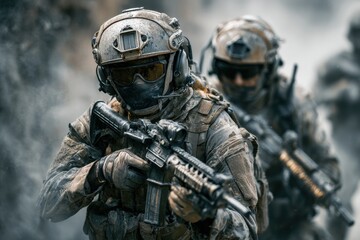 Fototapeta premium Tactical Maneuvers: Special Forces Engaged in Dynamic Military Operations with Advanced Tech