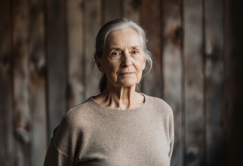 Senior woman posing thoughtfully against a rustic wooden background