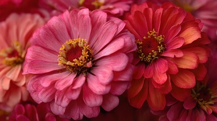 Obraz premium Vibrant Zinnias: A Burst of Pink and Red Blossoms in a Lush Garden Setting