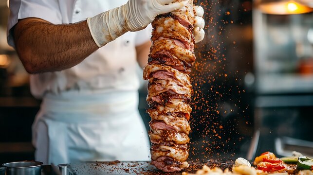 A chef seasons shawarma meat with fragrant Middle Eastern spices, preparing it for cooking on a traditional rotisserie.