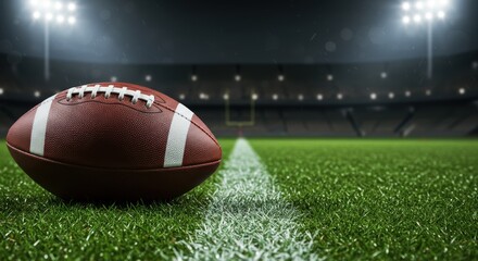 Football resting on the green field in a lit stadium ready for a game