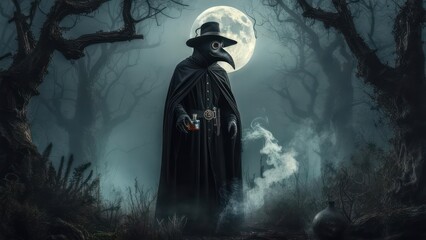 Plague doctor in a spooky forest at night