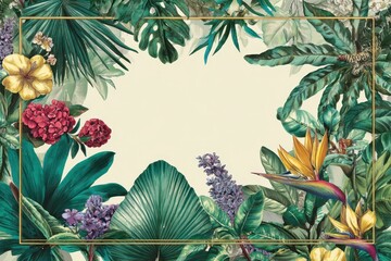 Fototapeta premium Tropical Hawaii Frame: Summer Border Surrounded by Lush Leaves and Vibrant Exotic Flowers