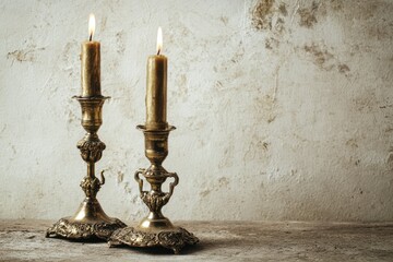 Two Vintage Candles Flickering in Aged Brass Holders on Table, Creating a Space for Reflection and Mourning