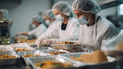Food preparation workers wearing protective gear in a kitchen