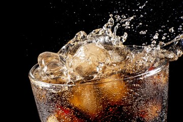 Refreshing glass of cola with ice and a splash against a black background.