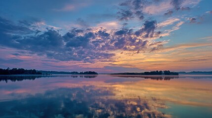 Obraz premium Soft pastel dawn sky with scattered fluffy clouds over tranquil lake.