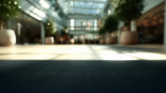 Close medium shot highlights a smart grounding mats textured surface activated by earth resonance signals in a highrise buildings airy atrium soft background blur emphasizing