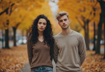 Fototapeta premium Couple walking through vibrant autumn leaves in city streets